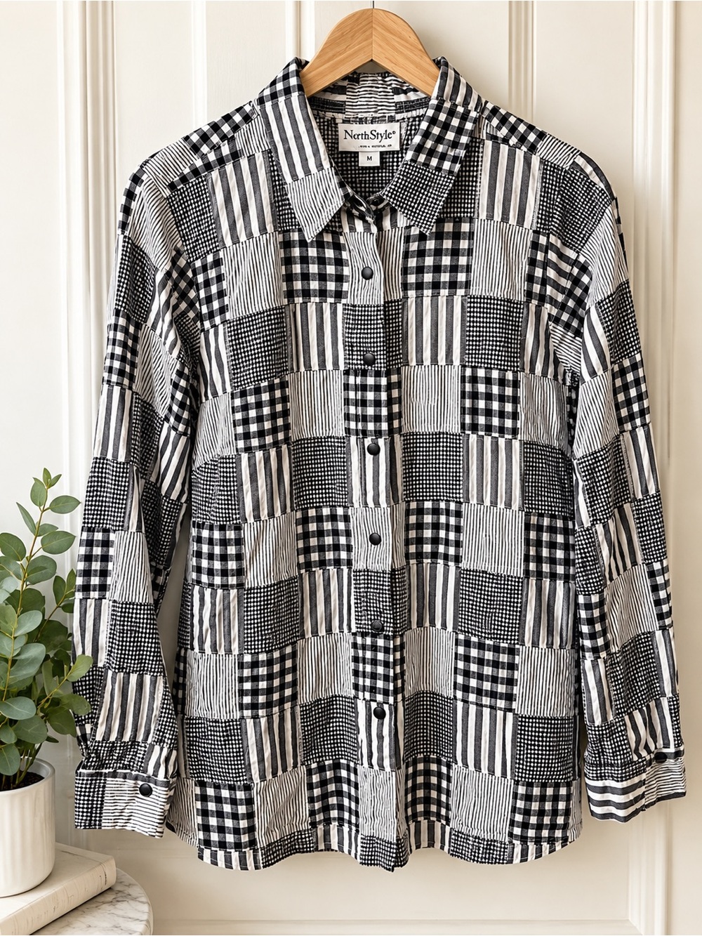 NorthStyle Black White Patchwork Gingham Snap Front Cotton Shirt M